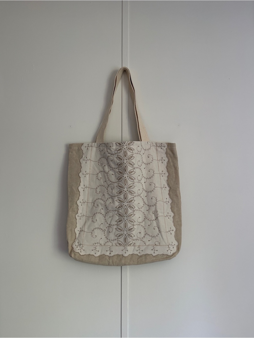 Beige and Cream Vintage Embroidered Linens Tote Bag